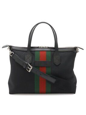 Gucci Sherry Line Webstripe Tote 2-Way Shoulder Bag Nylon Canvas Black